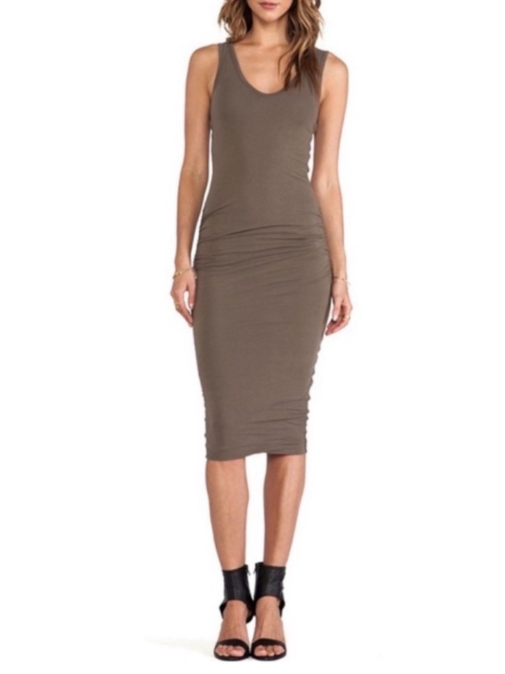 James Perse Classic White Sleeveless Midi Runched Dress- Large sz 3